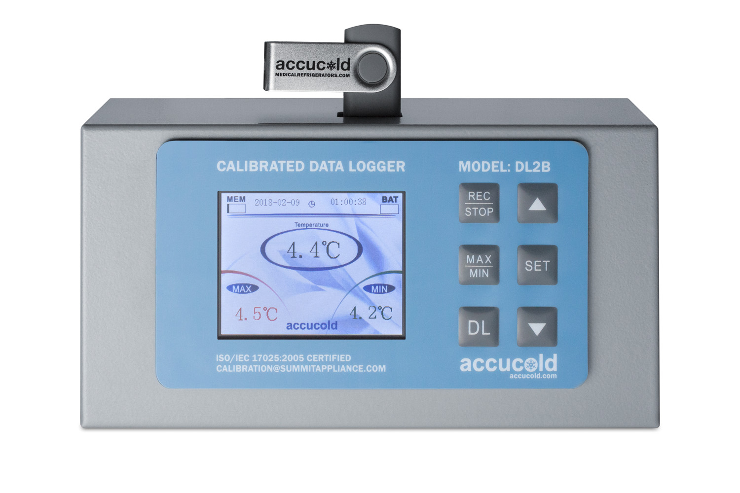 NIST calibrated USB digital data logger with LCD display of the current and high/low temperature and audible/visual temperature alarm